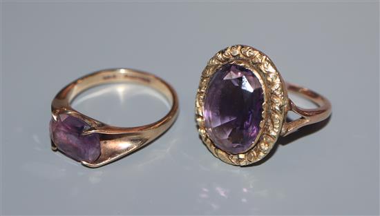 Two 9ct and amethyst set dress rings.